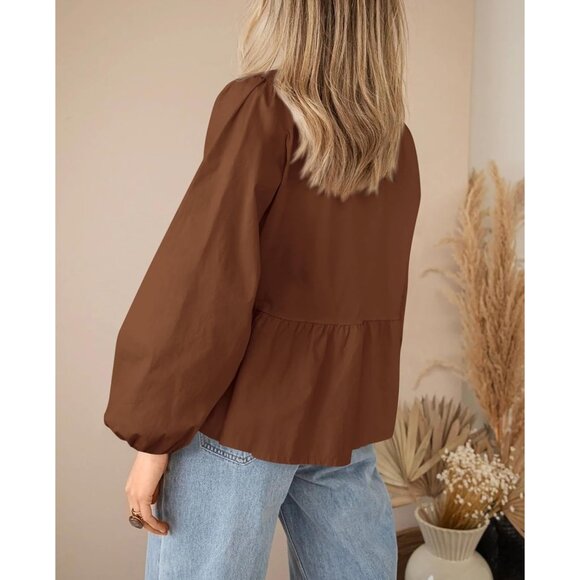 Women's Cotton Lyocell Peplum Blouse Long Sleeve Bow Tie Fall Top - Picture 2 of 7